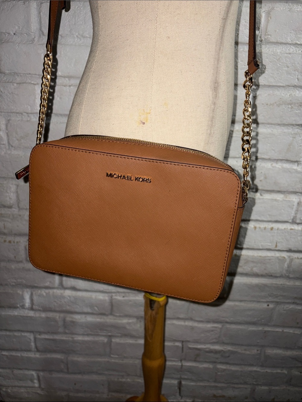 Michael Kors Cognac Leather Crossbody with Gold Chain Strap